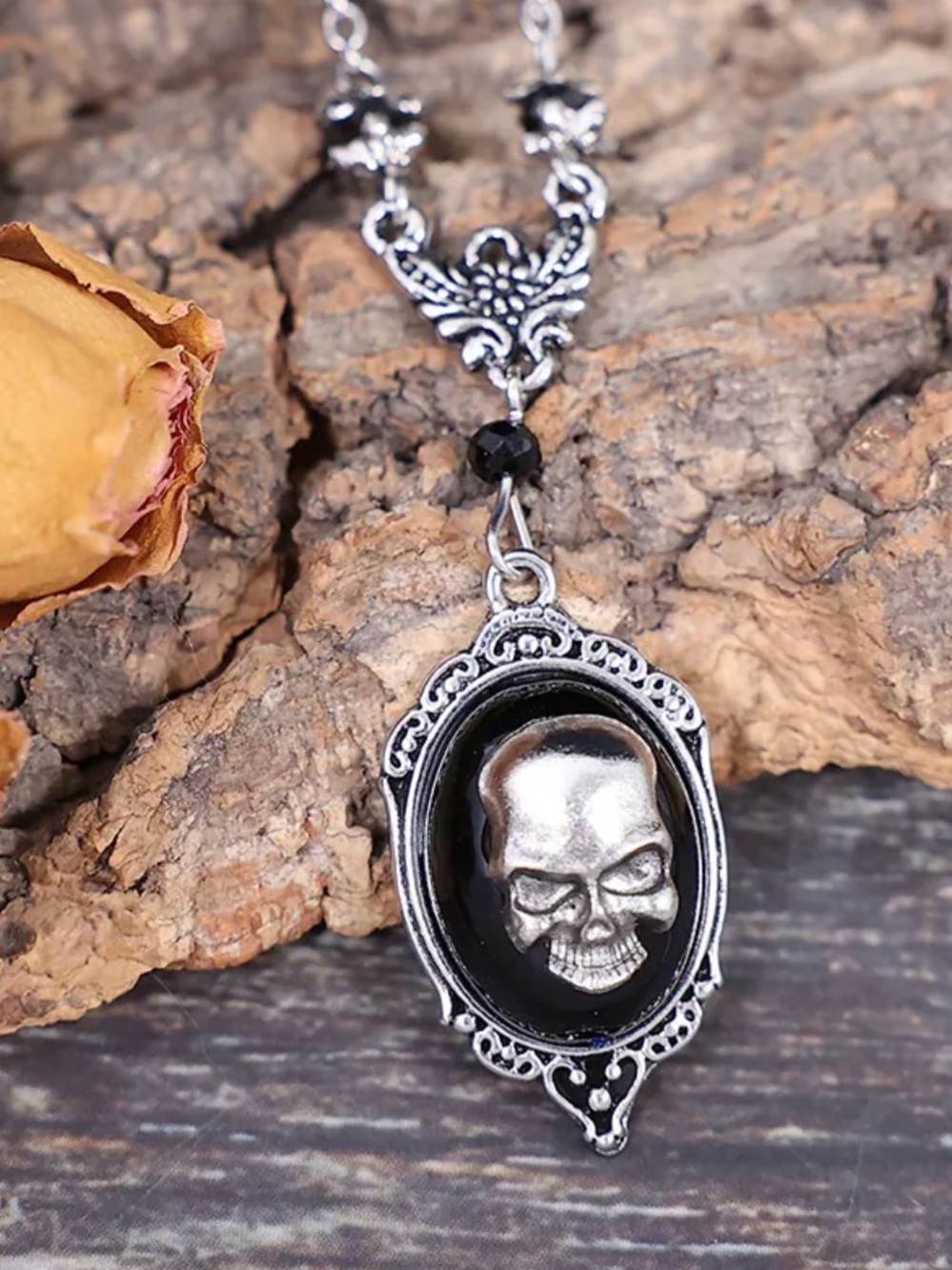 Silver Skull Cameo Pendant Necklace - Black Accent
